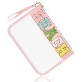 izuzta Chenille Letter Clear Bag Beach Purse Pouch, Monogram PVC & PU Clear Zipper Pouch with Wristlet, Waterproof Portable Glitter Snacks Makeup Beach Pouch Toiletry Bag for Women Girls (BEACH-Pink)