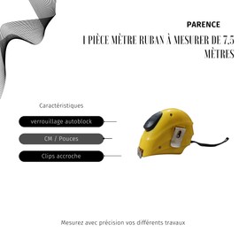 PARENCE - 7.5 metre tape measure - high quality steel, scale in centimeters and inches, accurate and easy to use measurement - self-locking - solid - 7.5 m