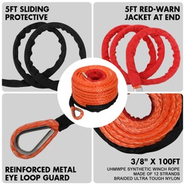ZESUPER 3/8" x 100ft Synthetic Winch Rope Dyneema 12 Strand Winch Cable Car Tow Recovery Cable Winch Line Recovery Kit Winch Replacement Cable 26500 lbs for 4WD Off Road Vehicle Truck SUV Jeep(Gray)