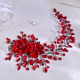 HNYYX Rhinestone Wedding Headband, Alloy Flower Bridal Hair Accessories, Pearl Crystal Headpiece, Wedding Head for Bride (Red, One Size)