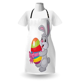 Ambesonne Easter Apron, Cartoon Rabbit Holding a Colorful Striped Egg with a Ribbon Easter Animal Fun, Unisex Kitchen Bib Apron with Adjustable Neck for Cooking Baking Gardening, Multicolor