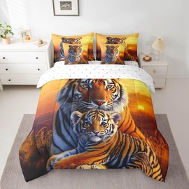 Castle Fairy Tiger Wildlife Comforter Set 7 Pieces Queen Size,Tropical African Animal Bedding Set for Kids,Sunset Landscape (Comforter+Fitted+Flat Sheet+2 Pillowcases+2 Throw Pillow Covers)