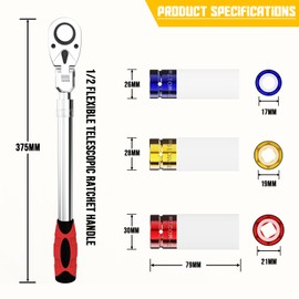 DSBYKJ 4-piece adjustable ratchet tool set, including a 1/2-inch telescopic ratchet wrench and three commonly used socket sizes, featuring a 72-tooth design and supporting 180° adjustable angle.