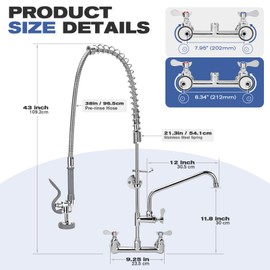 43" Height Commercial Faucet with Sprayer, Commercial Sink Faucet, 12 Inch Adjustable Center and 8" Add-on Swing Spout ，Wall Mount Kitchen Sink Faucet for Commercial Restaurant Industrial Kitchen.