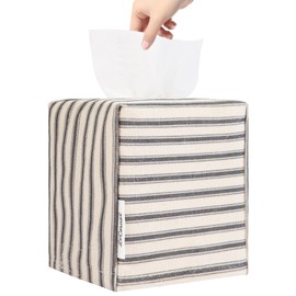 LeCorner Tissue Box Cover, Fabric Tissue Box Holder Square, Stylish Toilet Paper Storage, Modern Bathroom Counter Organizer Decorations Accessories,Ticking Stripe 5''x5''x5'' (Pastel Grey)
