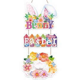 Aryroi Easter Wreath for Front Door,Easter Bunny Door Decor,Colourful Egg Rabbit Sign,Spring Welcome Sign,Spring Flower Wreath,Bunny Hanging Decor for Home Indoor Outdoor Porch Yard Office Party Gift