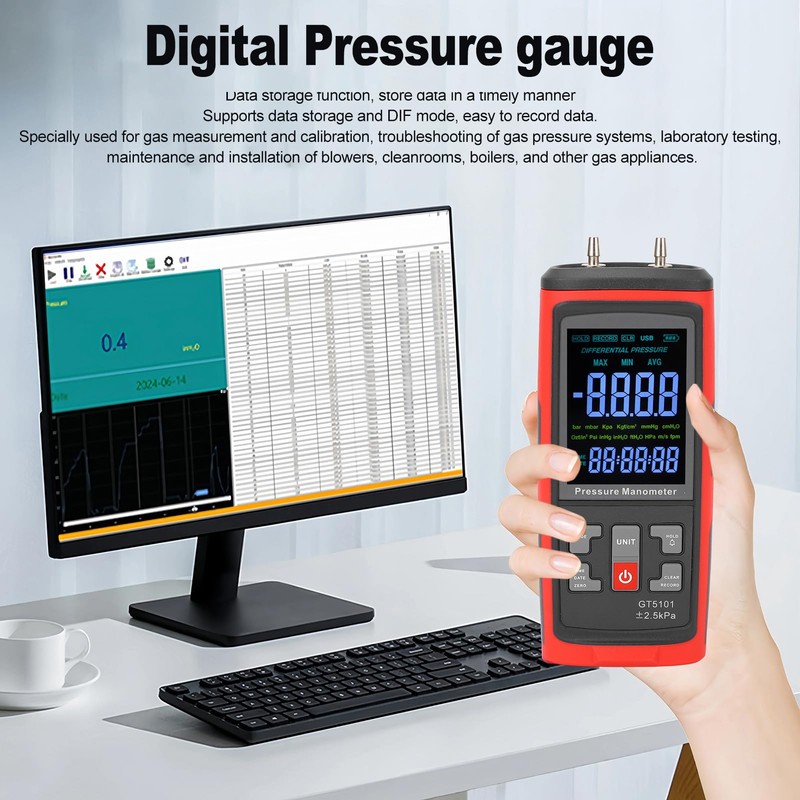 Handheld Digital Manometer, HVAC Manometer Gas Pressure Tester with LCD