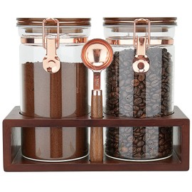 SIQOLNY Glass Coffee Container with Wooden Shelf, 2 x 40 FLOZ Coffee Bean Storage with Sealed Closure Clips and Copper Spoon, Kitchen Large Capacity Food Storage Jar, Ground Coffee Container