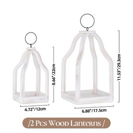 Staymoment Wood Decorative Candle Lanterns Set of 2, Indoor Farmhouse Hanging Candle Holder for Table Centerpiece Fireplace Mantle Shelf, 11" & 8" Bulk Rustic Home Decor Fall Ornaments, Whitewashed