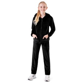 CityComfort Girls Tracksuit Set, 2 Piece Velour Hoodie and Tracksuit Bottoms Lounge Set (Black, 11-12 Years)