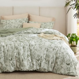 Bedsure Floral Comforter Set Queen Size - 100% Cotton Fabric with Microfiber Inner Fill, Sage Green Bedding Comforter Set, 3 Pieces, 1 Soft Reversible Botanical Flower Comforter and 2 Pillow Shams