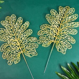 Lezevn 6 Pieces Gold Christmas Glitter Leaves Christmas Tree Hanging Ornaments DIY Xmas Wreath Décor Christmas Tree Pendant (Gold)