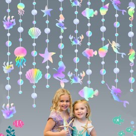Mermaid Party Garland Decoration 8 String Mermaid Circle Dot Garlands with Under The Sea Elements for Mermaid Theme Birthday Party Baby Shower Supplies
