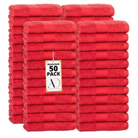 Ample Decor Pack of 50 Wash Cloths 12 X 12 Inch 100% Cotton 600 GSM, Quick Drying Face Towels, Reusable Fingertip Towels for Bathroom, Gym, Spa - Christmas Red