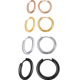 4 Pairs Stainless Steel Hoop Earrings / Nose Rings / Lip Rings, Small Cartilage Hoop Earrings for Men and Women, 8 mm / 10 mm / 12 mm / 14 mm