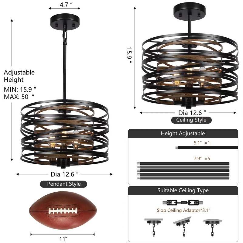 Sigaitwei 3-Light Dining Room Chandelier，12.6" Rustic Black Drum Chandeliers，Wood Grain