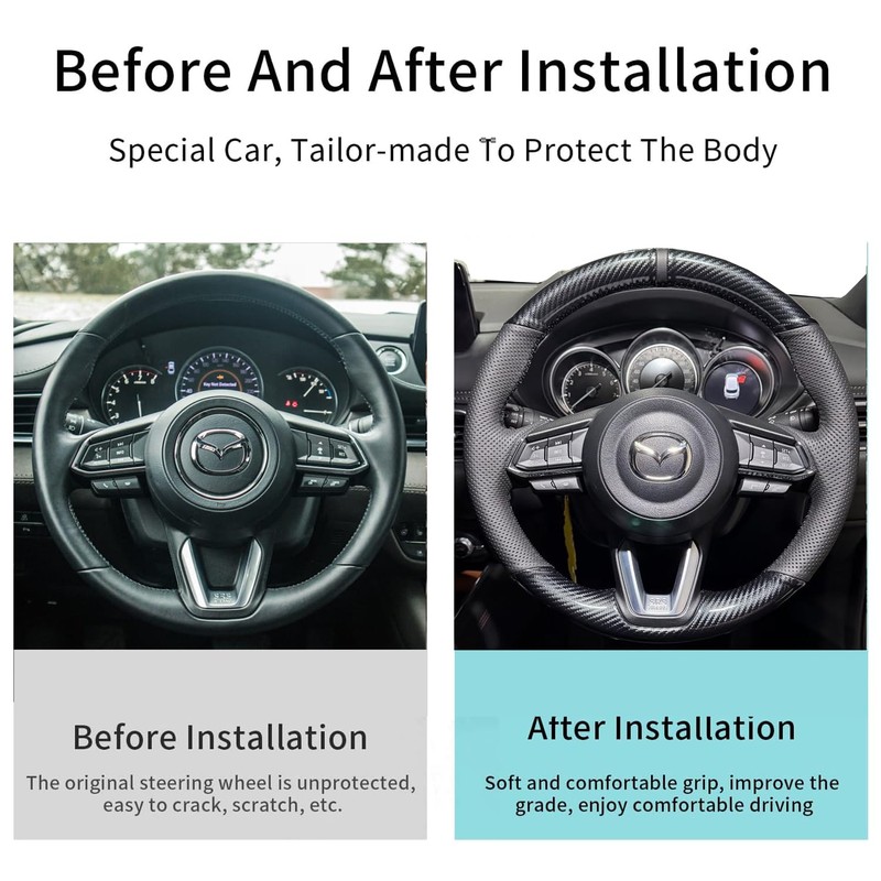 Steering Wheel Cover Hand-Stitch on Black Leather Protector Wrap for