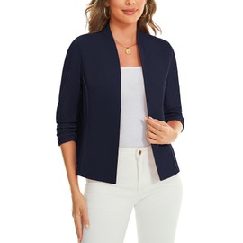 LADI TREND Womens Summer Lightweight Front Lined Blazers 3/4 Ruched Sleeve Breathable Open Front Cardigan Casual Business Suits Jackets Christening (Navy Blue M)