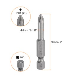 sourcing map 5pcs #1 Phillips Screwdriver Bit PH1 1/4" Hex Shank 2" (50mm) Long Magnetic S2 Steel Industrial Grade Screw Driver Bit Cross Head Electric Drill Bits 0.197" (5mm) Rod