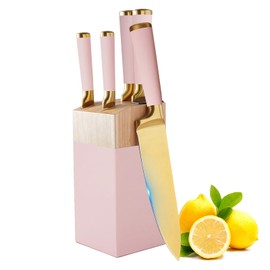 Kitchen Knife Set with Block and Sharpener, 7-Piece Knife Set for Chef, Pink Knife Holder Set, Gold-Plated Stainless Steel Kitchen Knife, Ergonomically Designed (Pink)