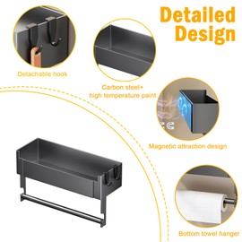 Yomjarl Strong Magnetic Paper Towel Holder for Refrigerator with Shelf, 2-Tier Fridge Organizer, Thick Metal Spice Rack, No Drill Kitchen Storage Basket, Open Design, Removable Bar, 2 Hooks,Gray
