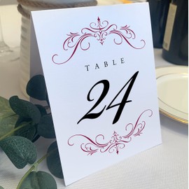 Classic Flourish Wedding Table Numbers, Burgundy, 1-35, Double Sided, Tent or Use in a Stand, Great for Parties & Restaurants - Made in the USA