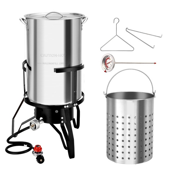 ROVSUN 50QT Turkey Deep Fryer with Basket & Stand, Stainless Steel Seafood Boil Pot Crawfish Boiler w/ 54000BTU Propane Burner, Thermometer, Lifting Hook & Support Rack, for Outdoor Cooking