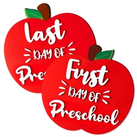CJiangpo 3D First and Last Day of Preschool Board, Double Sided Back to School Board, Apple Shape Reversible Sign 1st Day of Preschool Chalkboard Photo Props Supplies for Kids Back to School Decor
