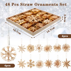 Gerrii 48 Pcs Straw Ornaments Set Scandinavian Christmas Decorations Including Stars Snowflakes Hearts Angel Wreath Goats/Julbuck for Danish Norwegia Nnordic Christmas Tree (Novel Snowflake)