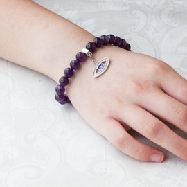 Philip Jones Amethyst Gemstone Bracelet with Evil Eye Charm Created with Zircondia® Crystals