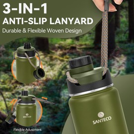 Insulated Water Bottles, Stainless Steel Flask with Lanyard & Wide Mouth Spout Lid, Leak Proof Double Wall Vacuum Drink Bottle, Keep Drinks Hot & Cold for Hiking Camping (Moss Green, 32oz / 950ml)