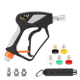 PWACCS Pressure Washer Gun with Swivel, Short Power Washer Gun with 3/8” Quick Connector, M22 14mm /15mm Fitting, 5 Pressure Washer Nozzle Tips with Holder, 5000 PSI Black