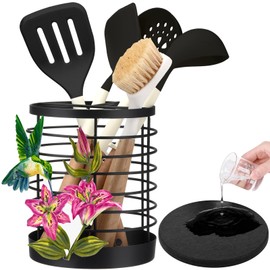 Marsui Hummingbird Utensil Holder for Kitchen Counter Flower and Hummingbird Kitchen Utensil Organizer for Countertop with Diatomaceous Mat Cute Utensil Holder Farmhouse Kitchen Decoration