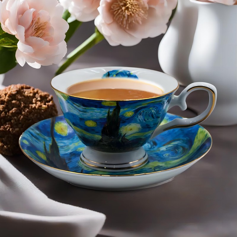 AOTELIDA Floral Tea Cups Saucers Set of 2, Bone China