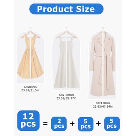 SOBEAU Pack of 12 Garment Bags, Suit Long 60 x 120/100/80 cm, Transparent Garment Covers with Zip, for Dresses, Shirts, Dresses, Evening Dresses, Storage, Garment Cover, White