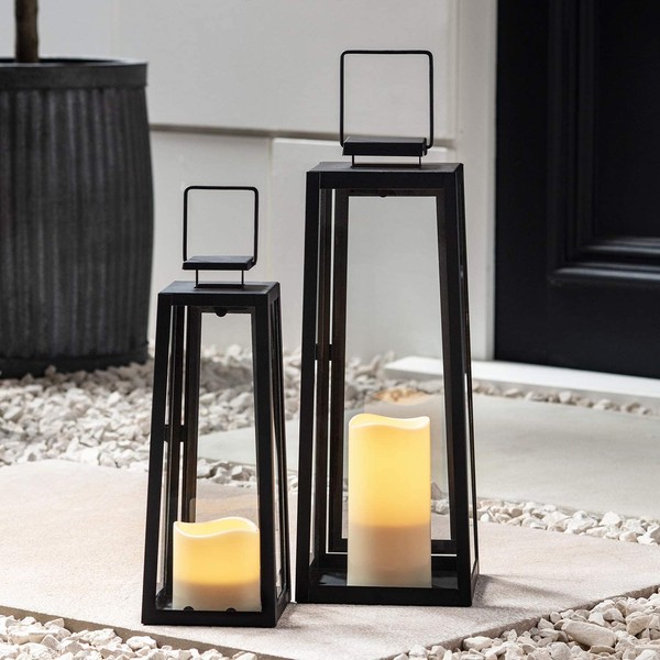 Lights4fun, Inc. Set of Two Black Metal Battery Operated LED Flameless Candle Lanterns for Indoor Outdoor Use