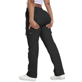 HVEPUO Ladies Pants Casual Straight Leg High Waisted Cargo Pants for Women 2024 Boyfriend Adjustable Drawstring Travel Trouser Pant with Pockets Black XXL