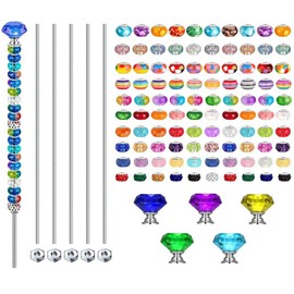 118Pcs DIY Fairy Wand Garden Stakes Kit, BetterJonny Garden Stake Decorative with 6 Colorful Crystal Stopper Top 6 Threaded Rod with 100 Large Hole Bead for Garden Outdoor Decorative