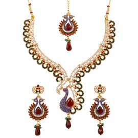 Touchstone - Juego de collar de boda de diseño indio de Bollywood tradicional de artesanía mogol, en tono dorado envejecido o blanco para mujer., Diamante de imitación, Sin piedra preciosa