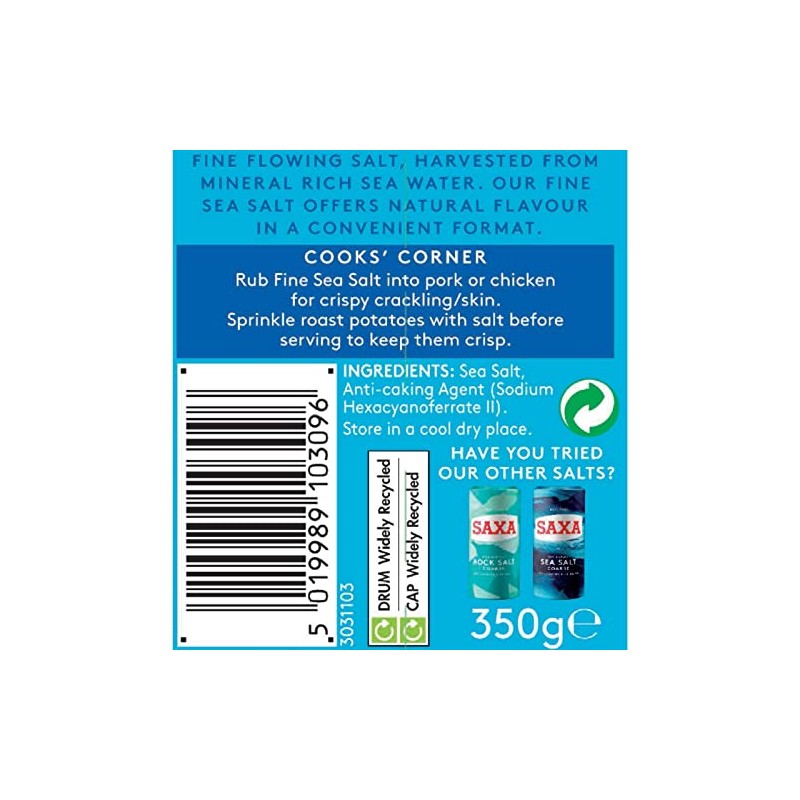 Saxa Sea Salt Fine No Need to Grind, 350 g
