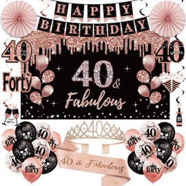 40th Birthday Decorations for Women, 33pcs 40th Birthday Crown and Sash, Black Rose Gold Happy 40th Birthday Banner Balloons Backdrop Hanging Swirls Paper Fans, 40 Years Old Birthday Decorations Kit