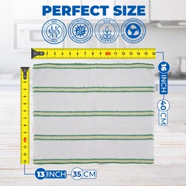 Towelogy TDC_50 Premium Cotton Dish Cloths for Washing Up Dishes Odor-Resistant– Large Size 35x40cm Soft & Absorbent Kitchen Dish Towels (7, White/Green Stripes)