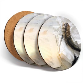 Destination Vinyl ltd Great Coasters (Set of 4) Round - Jewish Prayer Shawl Tallit Shofar Horn Jew Drink Glossy Coasters/Tabletop Protection for Any Table Type #45443