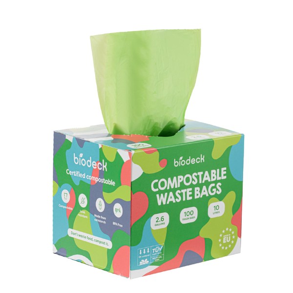 Biodeck - Bolsas biodegradables y compostables para cubos de basura (264 galones, 10 L, dispensador de 100 unidades)