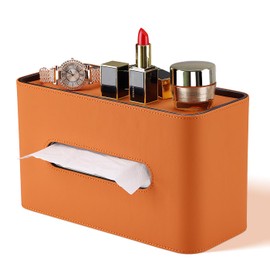 GORESE Tissue Box, Leather Rectangular Cosmetic Tissue Box, Paper Tissue Holder, Tissue Dispenser, Tissue Box for Office, Home, Car, Bathroom (Orange)