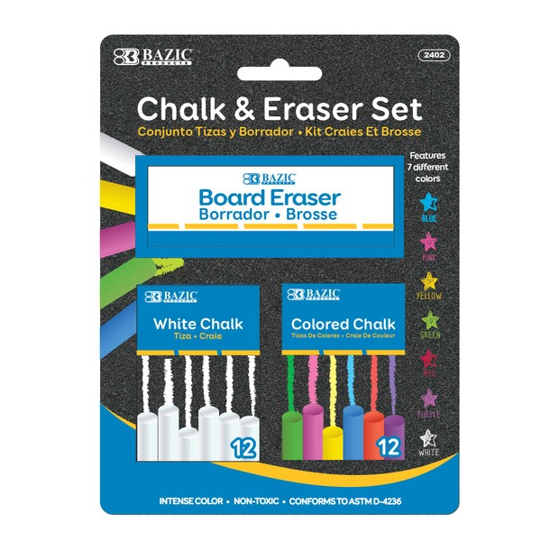 BAZIC Products Colored (12 Pcs) + White (12 Pcs) Chalk + Premium Chalkboard Eraser Bundle, Non-Toxic Kids Art Office Classroom Store Home, 1-Pack