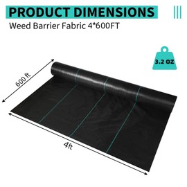 4 x 600 FT Weed Barrier Fabric,3.2 OZ Landscape Fabric,Heavy Duty PP Ground Cover for Gardening,Farming