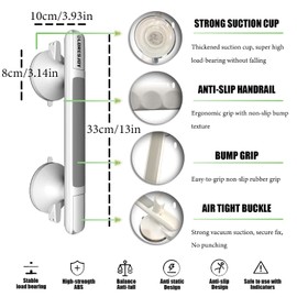 2 x Shower Grab Rail for Seniors, Grab Bars for Bathroom, Grab Bar with Suction Cup, Shower Handle, No Drilling, Mobile Grab Handle, Toilet Grab Rail with Suction Warning, for Seniors and Children