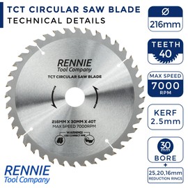 Rennie Tools - 216mm x 30mm x 40T TCT Circular Wood Saw Blade Includes 25mm 20mm & 16mm Bore Reduction Rings. Compatible with Festool Bosch Makita Dewalt Circular Saw,