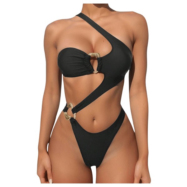 OYOANGLE Women's Ring Linked Cut Out One Shoulder One Piece